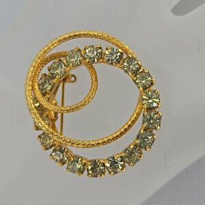 Green Rhinestone & Gold Tone Brooch